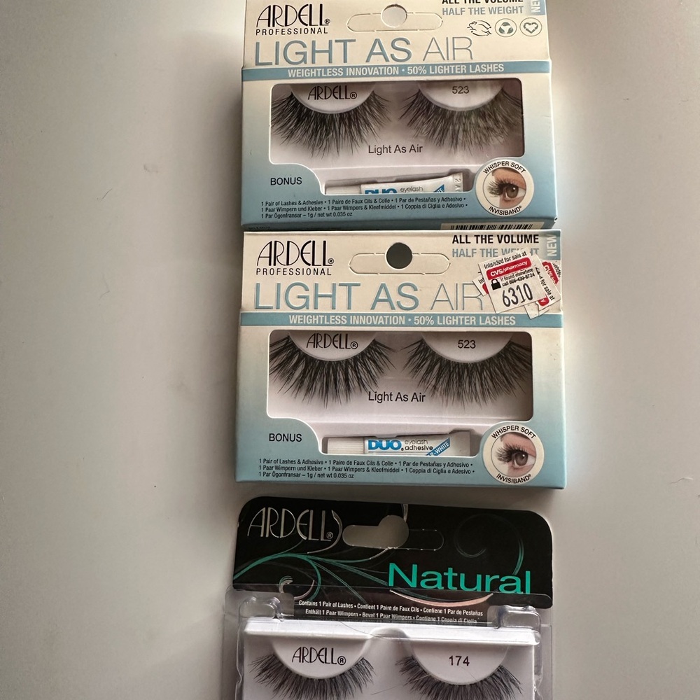 Lot of 3 Pairs Ardell Light as Air and Natural Lashes 523 & 174